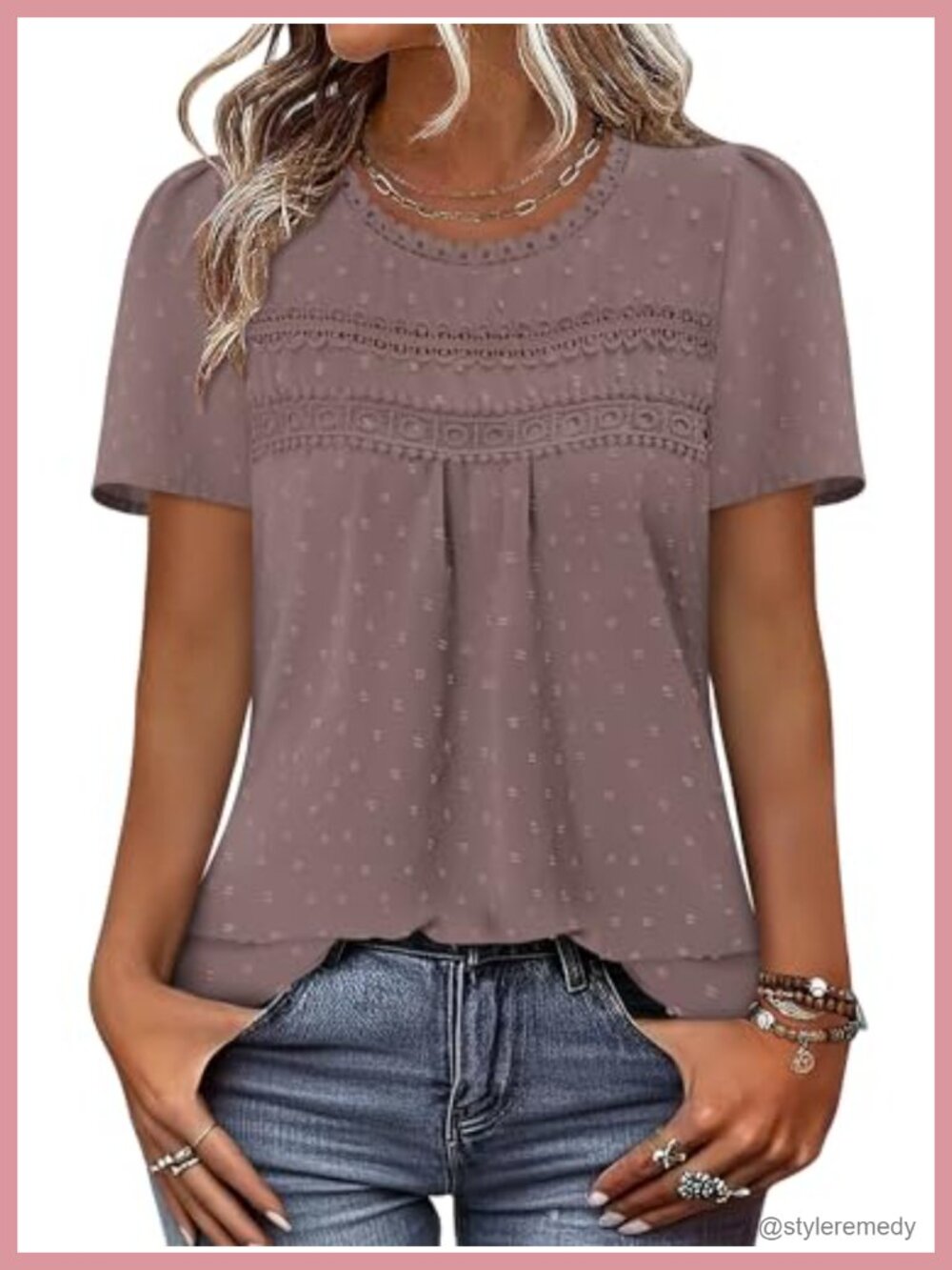 Womens Swiss Dot Tunic Top Short Sleeve Boho Blouse Lace Crochet